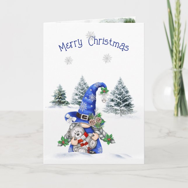 Christmas Gnome with Teddy Bear   Holiday Card (Front)