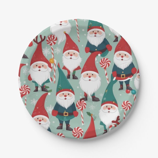 Christmas Gnomes and Candies Holiday Pattern Paper Plate (Front)