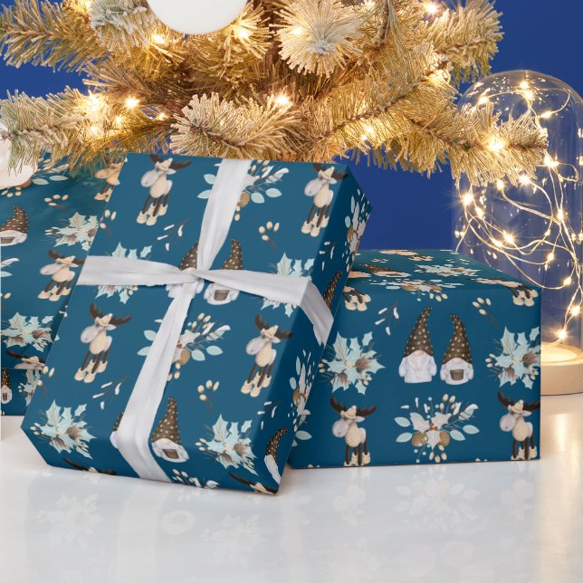 Christmas Gnomes and Moose on Blue Wrapping Paper (Holidays)