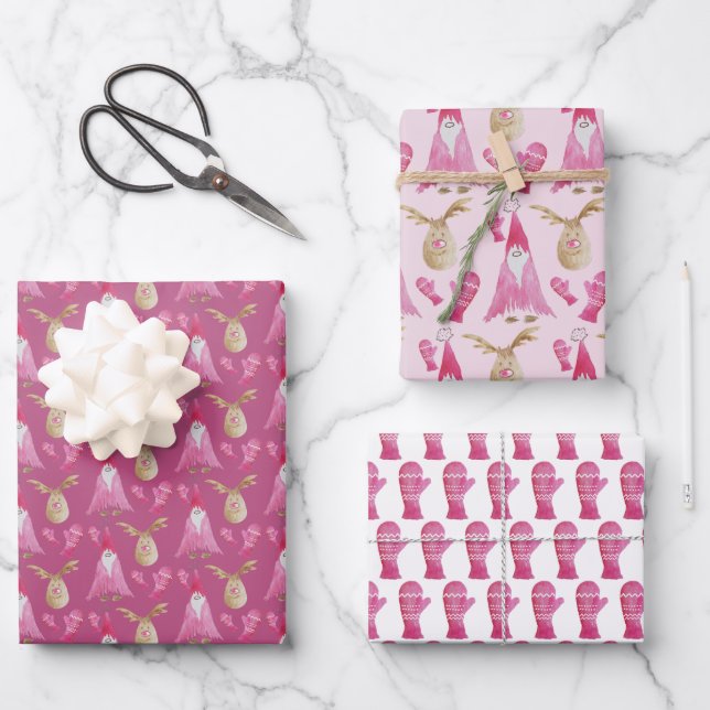 Christmas Gnomes And Reindeers With Gloves Wrapping Paper Sheet (Front)