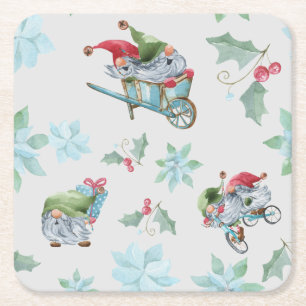 Christmas Gnomes At Play Square Paper Coaster