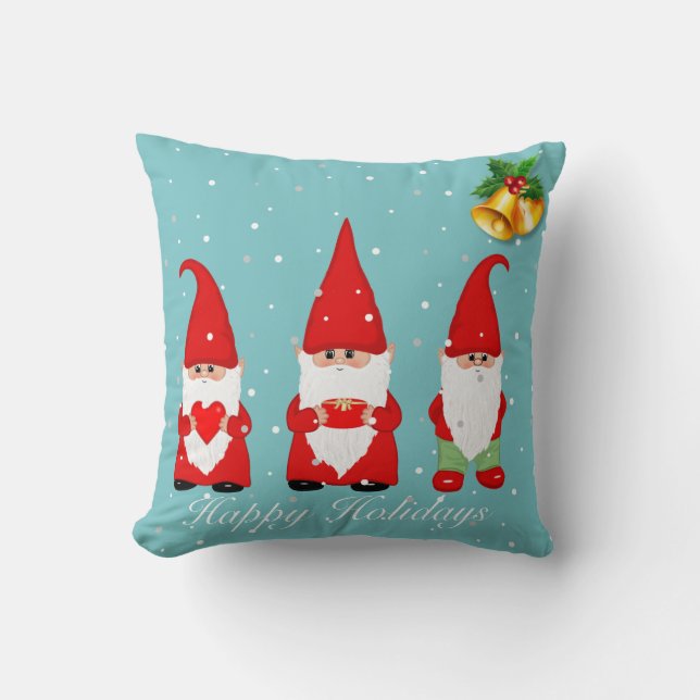 Christmas Gnomes & Bells on Light Blue Cushion (Front)