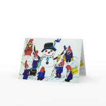 CHRISTMAS,GNOMES BUILD A SNOWMAN card