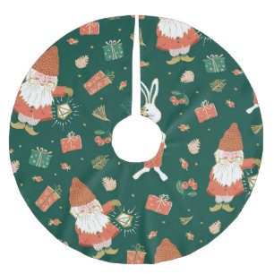 Christmas Gnomes, Bunny Holiday Pattern. Brushed Polyester Tree Skirt