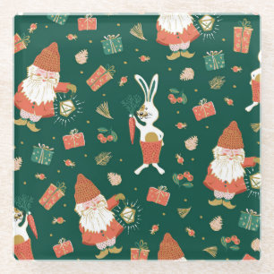 Christmas Gnomes, Bunny Holiday Pattern. Glass Coaster