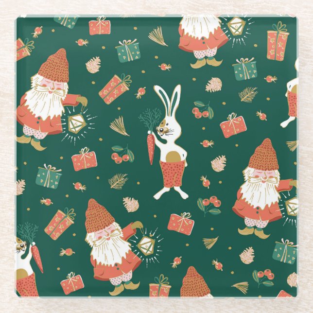 Christmas Gnomes, Bunny Holiday Pattern. Glass Coaster (Front)