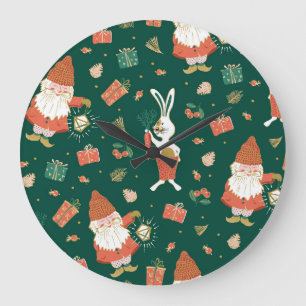 Christmas Gnomes, Bunny Holiday Pattern. Large Clock
