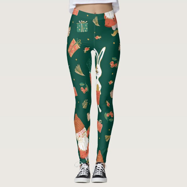 Christmas Gnomes, Bunny Holiday Pattern. Leggings (Front)