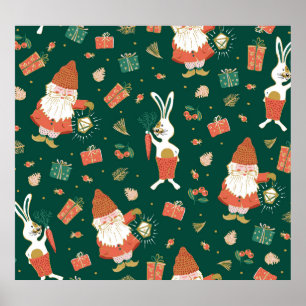 Christmas Gnomes, Bunny Holiday Pattern. Poster