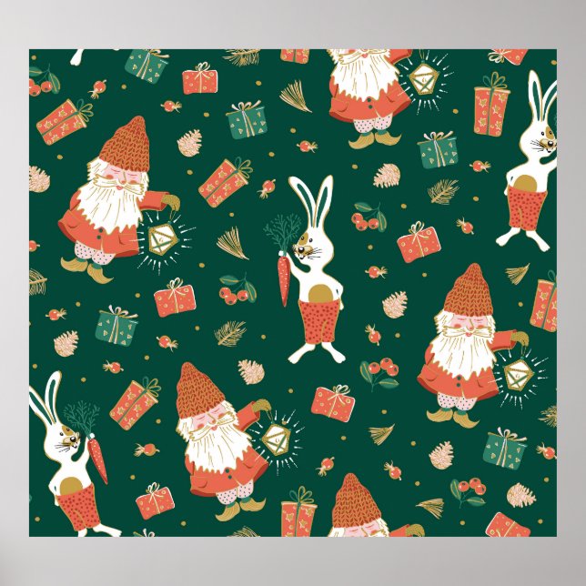 Christmas Gnomes, Bunny Holiday Pattern. Poster (Front)