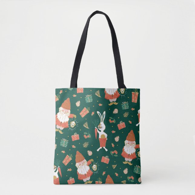 Christmas Gnomes, Bunny Holiday Pattern. Tote Bag (Front)