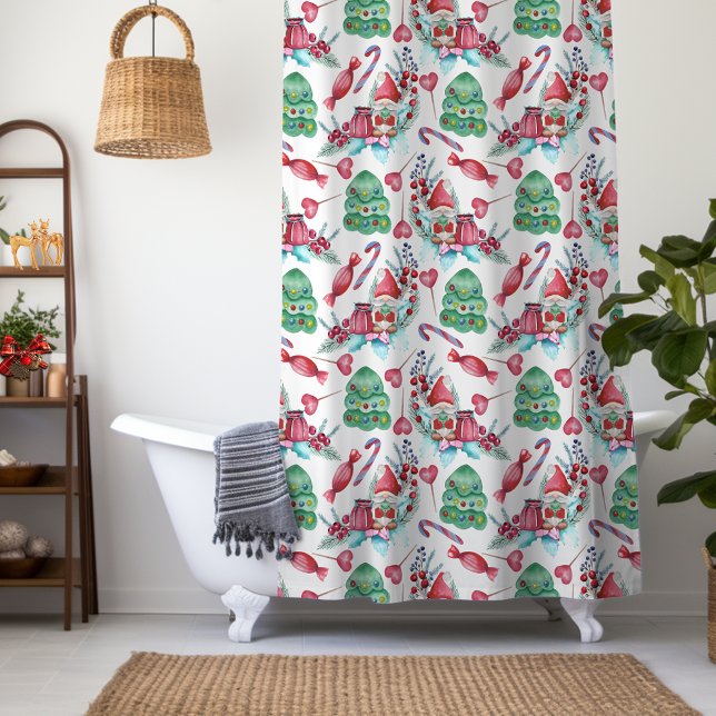 Christmas Gnomes Candy Pattern Shower Curtain (Creator Uploaded)