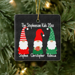Christmas Gnomes Cute Family 3 Kids Holiday  Ceramic Ornament