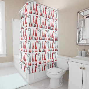Christmas Gnomes Dwarves Pattern Red Grey White Shower Curtain
