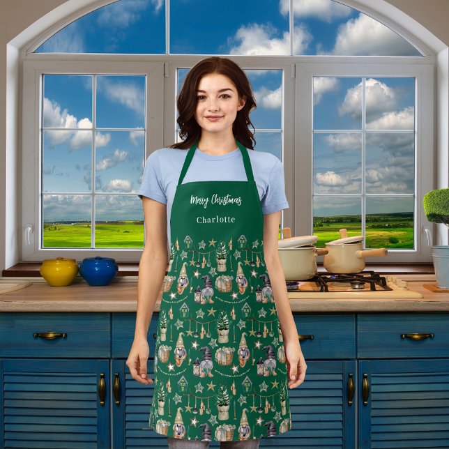 Christmas gnomes farmhouse name script green apron (Creator Uploaded)