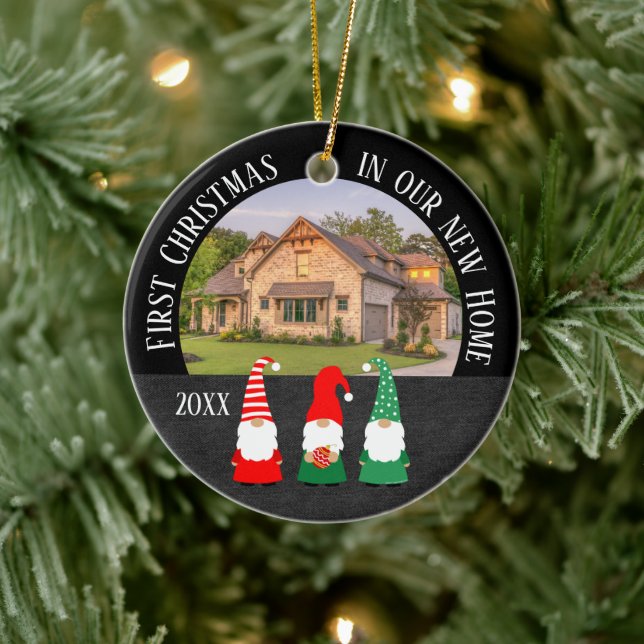Christmas Gnomes First Christmas in Our New Home Ceramic Ornament (Tree)