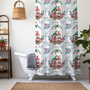 Christmas Gnomes Floral Pattern Shower Curtain