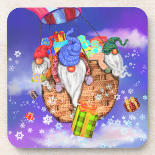 Christmas Gnomes Flying A Balloon and Gives Gifts Coaster