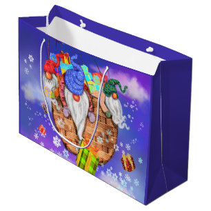 Christmas Gnomes Flying A Balloon and Gives Gifts  Large Gift Bag