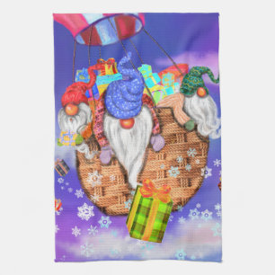 Christmas Gnomes Flying A Balloon and Gives Gifts Tea Towel