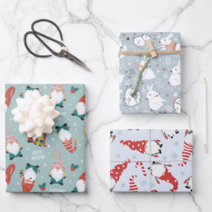 Christmas gnomes, forest animals winter patterns wrapping paper sheet