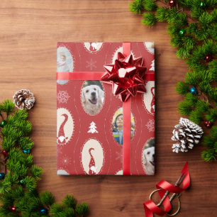 Christmas Gnomes Frames & 4 Custom Photos on Red Wrapping Paper