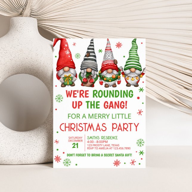 Christmas Gnomes Fun Christmas Party Invitation (We're Rounding Up the Gang Christmas Gnomes Christmas Party Invitation)