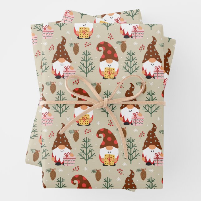 Christmas Gnomes Gift Pattern Wrapping Paper Sheet (In situ)