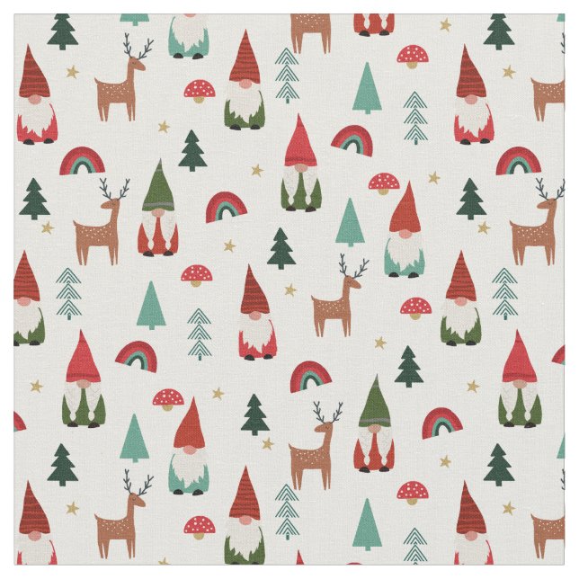 Christmas Gnomes holiday white Fabric (Close Up)