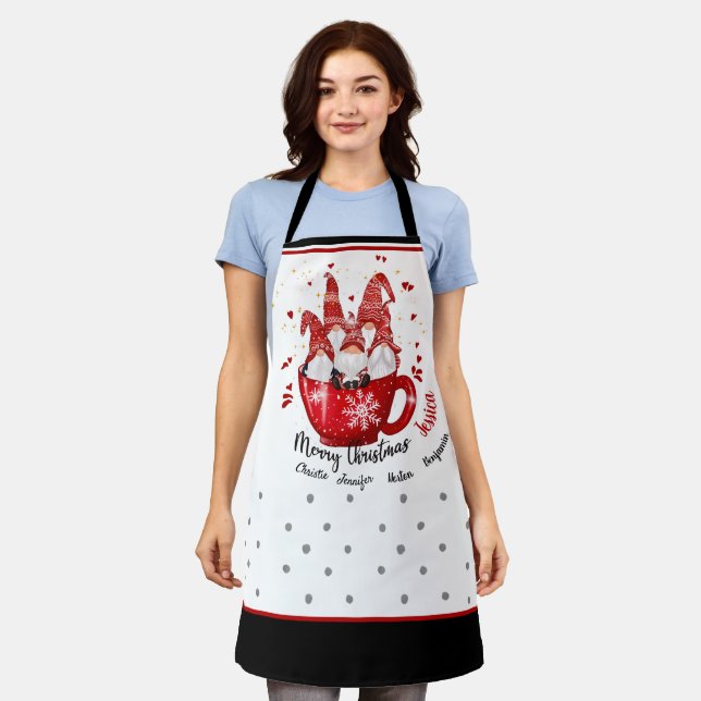 Christmas gnomes in coffee cup red custom names apron (Worn)