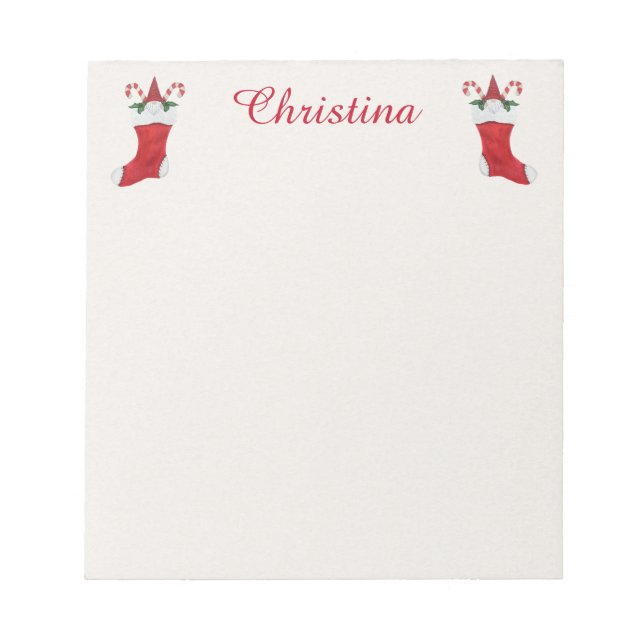 Christmas Gnomes in Red Stockings Candy Canes Notepad (Front)