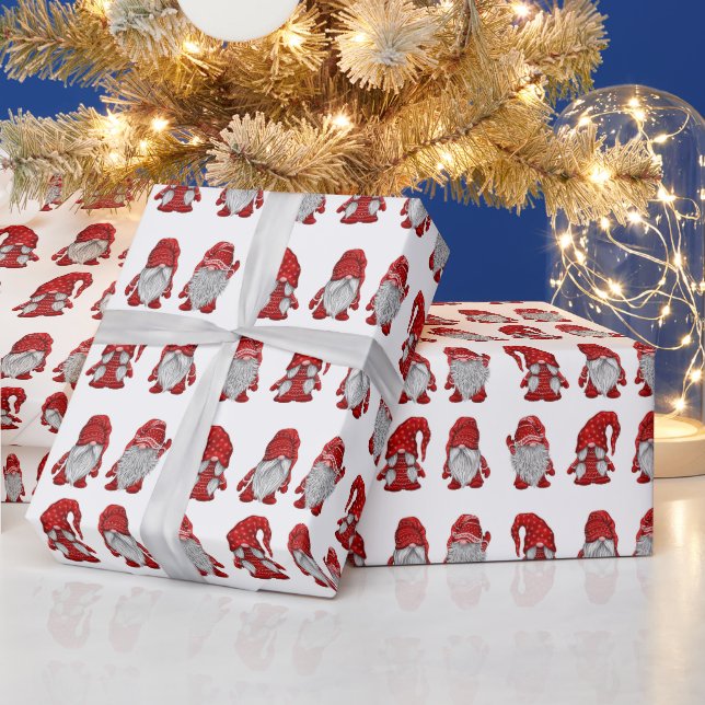 Christmas Gnomes in Red Watercolor Holiday Wrapping Paper (Holidays)