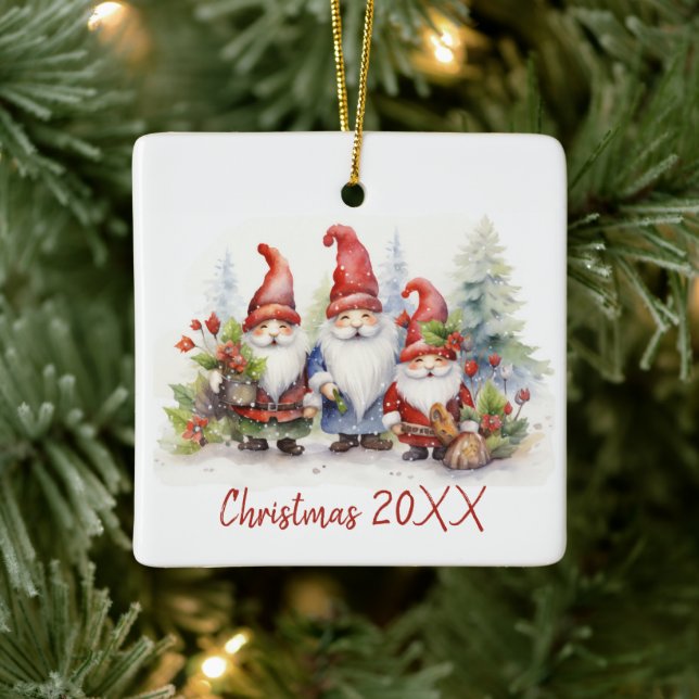 Christmas Gnomes In Snowflakes Ceramic Ornament (Tree)