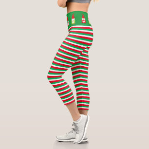 Christmas gnomes on green red striped capri leggings
