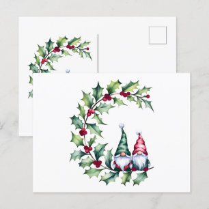 Christmas Gnomes On Holly Berry Twig Postcard