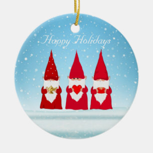 Christmas Gnomes on Light Blue Ceramic Ornament