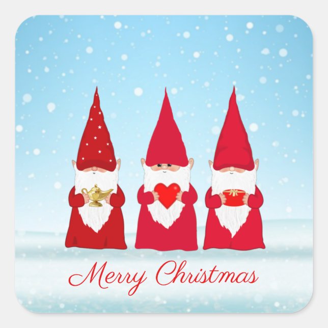 Christmas Gnomes on Light Blue Square Sticker (Front)