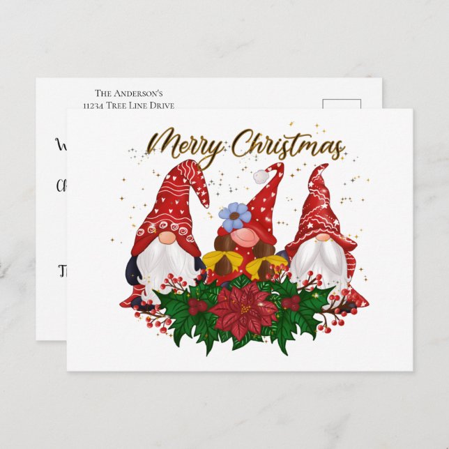 Christmas Gnomes Poinsettia Trendy Christmas Postcard (Front/Back)
