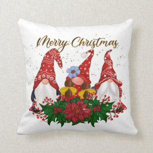 Christmas Gnomes Poinsettia Whimsical Woodland Cushion