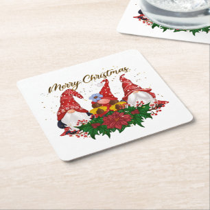 Christmas Gnomes Poinsettia Whimsical Woodland  Square Paper Coaster