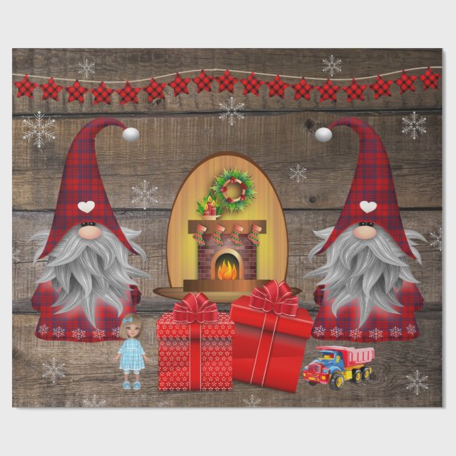 Christmas Gnomes Presents Rustic Wood Wrapping Pap Wrapping Paper (Flat)