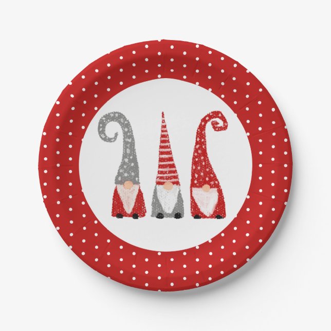 Christmas Gnomes Red Polka Dot Festive Paper Plate (Front)