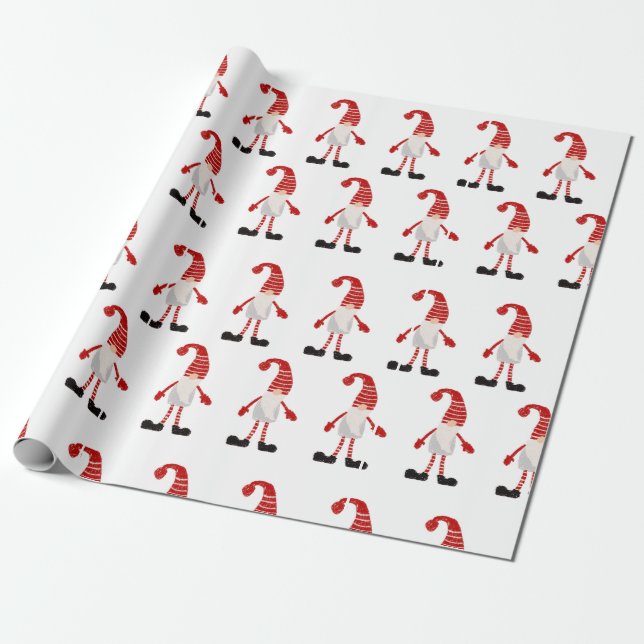 Christmas Gnomes Red White Grey Stripe Pattern Wrapping Paper (Unrolled)