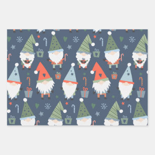 Christmas Gnomes Santa Claus Blue Green Whimsical  Wrapping Paper Sheet