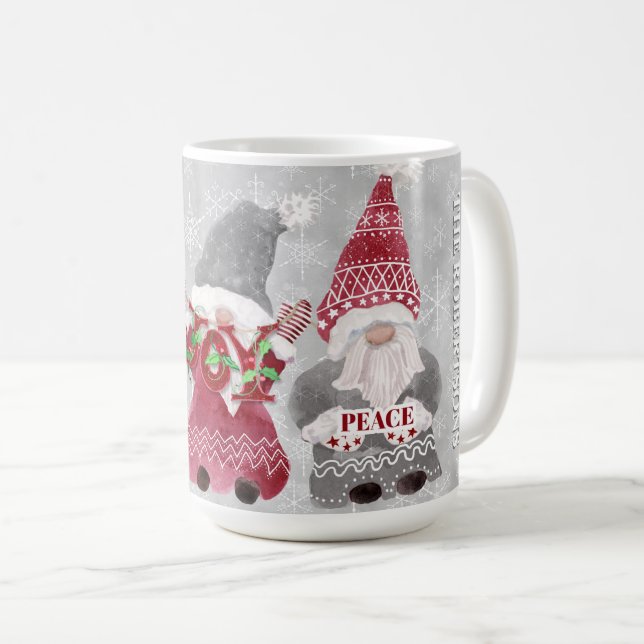 Christmas Gnomes Snowflakes Grey Red Love Family Coffee Mug (Front Right)
