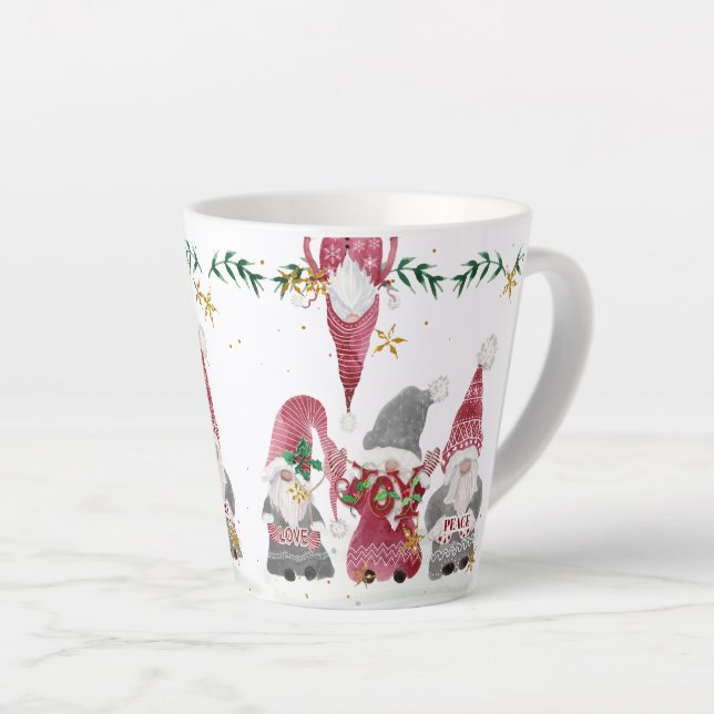 Christmas Gnomes Watercolor Love Joy Peace Foliage Latte Mug (Right Angle)