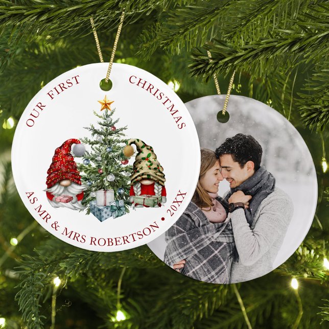 Christmas Gnomes Watercolor Newlywed Photo Ceramic Ornament (Creator Uploaded)