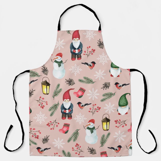 Christmas Gnomes Watercolor Seamless Pattern Apron (Front)