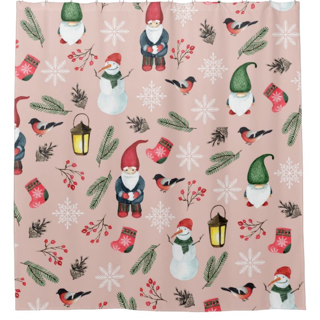 Christmas Gnomes Watercolor Seamless Pattern Shower Curtain (Front)