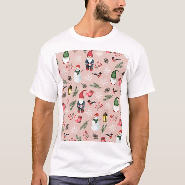 Christmas Gnomes Watercolor Seamless Pattern T-Shirt (Front)